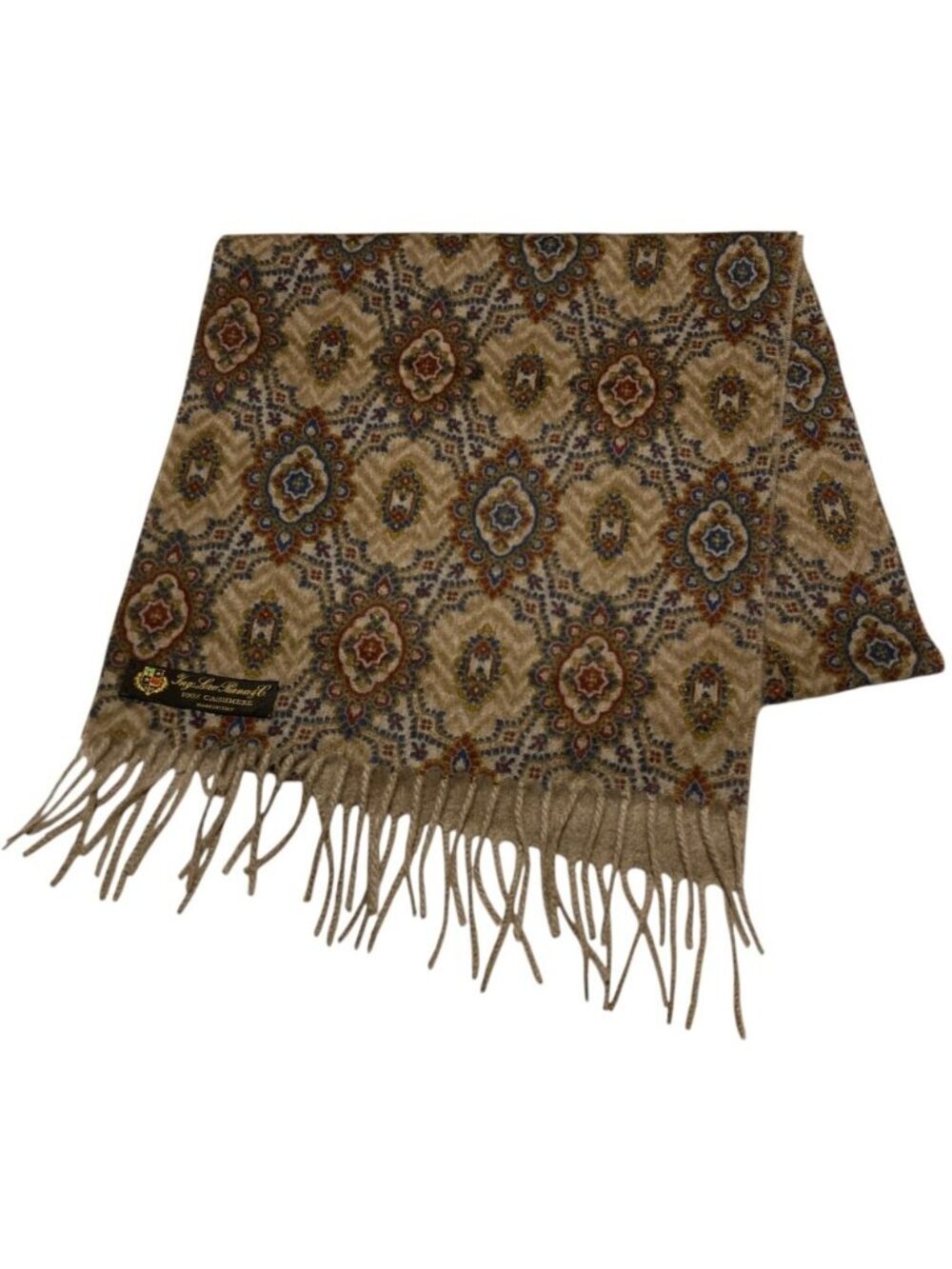 Loro Piana Ing Cashmere 100% All Over Print Fringe Scarf Beige Multicolor